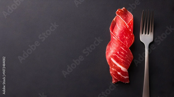 Fototapeta Spiral-shaped cured meat on a dark surface
