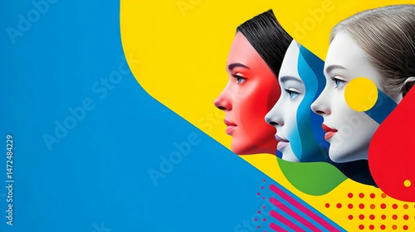 Fototapeta Three stylized female profiles, vibrant colors, abstract shapes