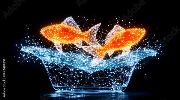 Fototapeta Two luminous fish leap from a shimmering, polygonal water bowl against a black backdrop