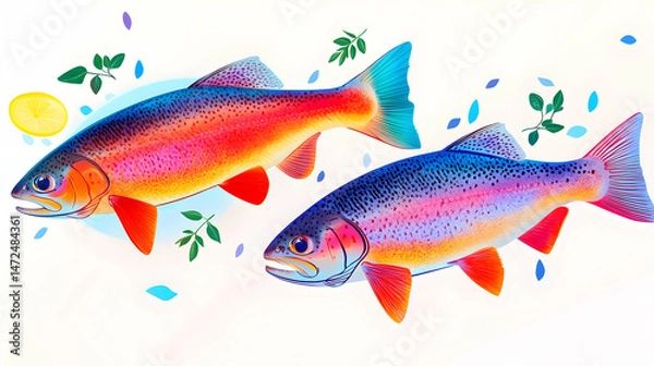 Fototapeta Two vibrant rainbow trout, displayed against a backdrop of subtle pastel colours and fresh herbs, suggesting a healthy and delicious seafood dish