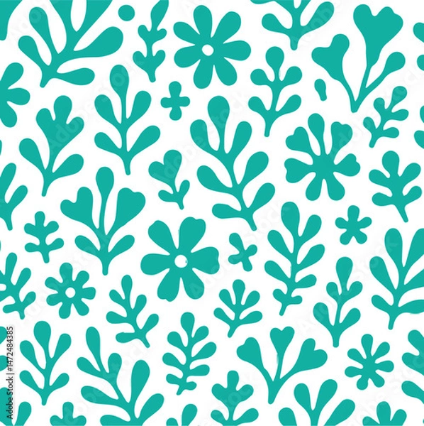 Fototapeta Vector seamless pattern in simple floral wavy and groovy naive style, flowers and plants, floral botanic hand drawn design templates, modern art prints, surface design, holiday and beach themes