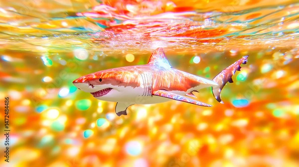 Fototapeta Vibrant shark swimming in a colorful underwater scene