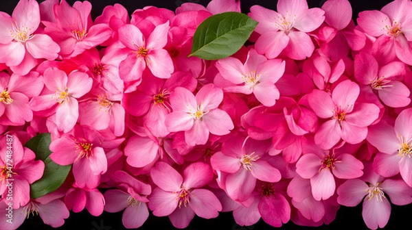 Fototapeta Vibrant pink flowers arranged in a horizontal pattern on a black surface, interspersed with small green leaves