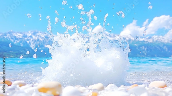 Fototapeta Water splash near a pebble beach with mountain backdrop