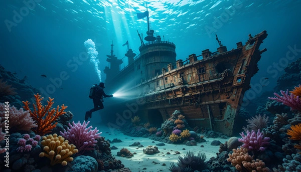 Obraz Sunken Ship Exploration: Diver Investigating a Wreck in a Coral Reef