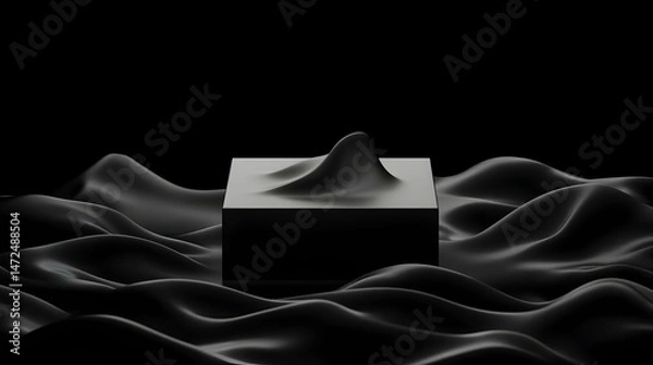 Fototapeta A dark, moody image featuring a black cube with a subtle, organic form on top, resting on undulating black fabric