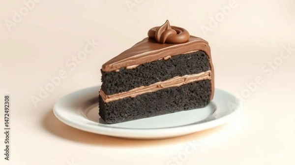 Fototapeta A slice of chocolate cake filled and topped with rich chocolate frosting, placed on a white plate, realistic food photography.