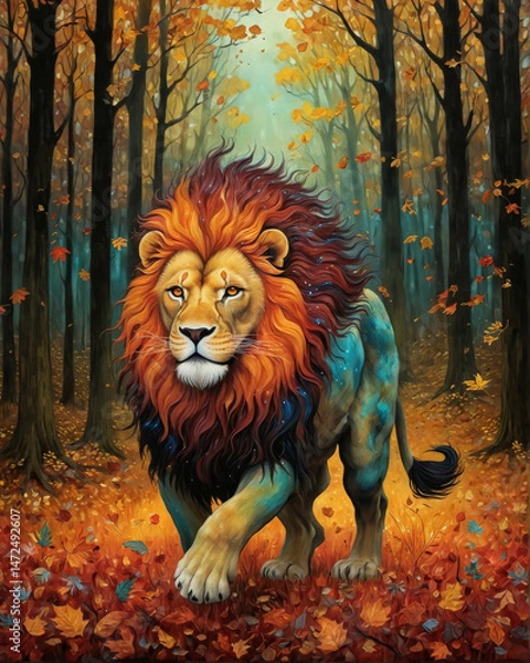 Fototapeta lion in autumn forest