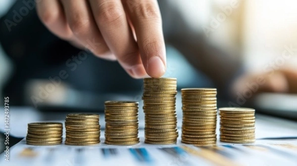 Obraz A focused hand places a coin on a growing stack of coins, symbolizing investment and financial growth. In the background, financial charts enhance the theme of saving and wealth accumulation.