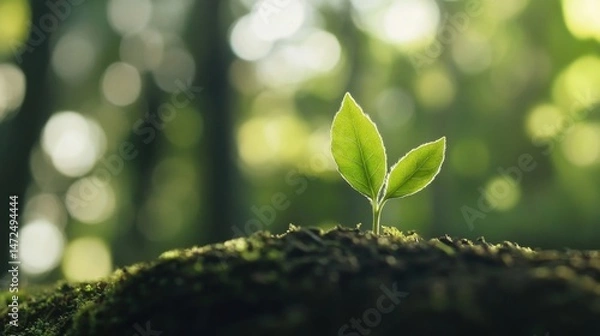 Fototapeta A young sprout emerges from dark soil, its vibrant green leaves reaching towards sunlight filtering through a bokeh forest background. : Generative AI