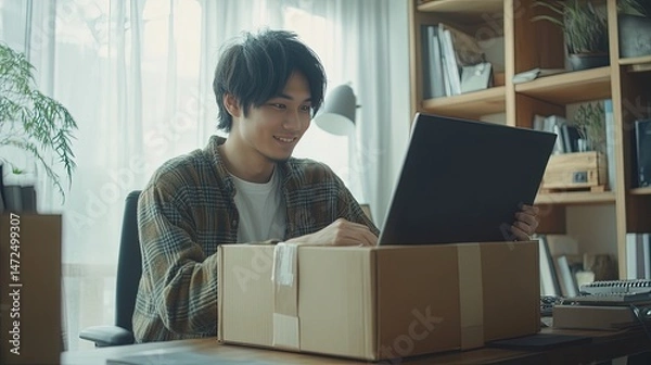 Fototapeta SME entrepreneur Small business entrepreneurs Online selling ideas, Happy young Asian business owner work on computer and a box at home, delivery SME procurement package box deliver to customers