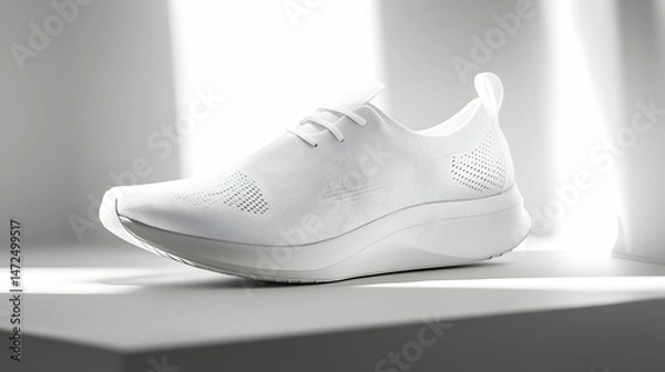 Obraz A white athletic shoe is displayed on a simple gray platform.