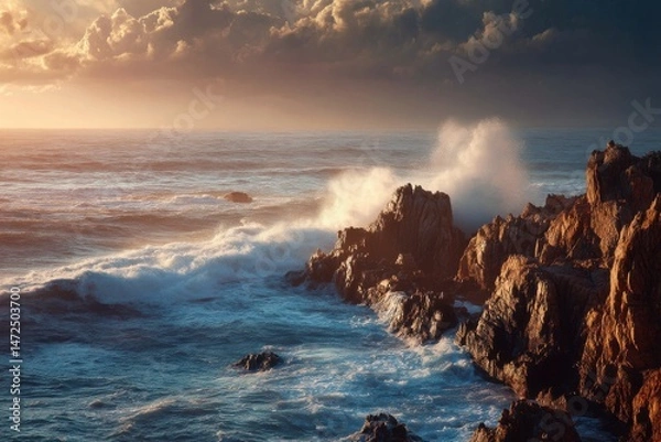 Fototapeta Coastal cliffs with crashing waves at sunset, drama