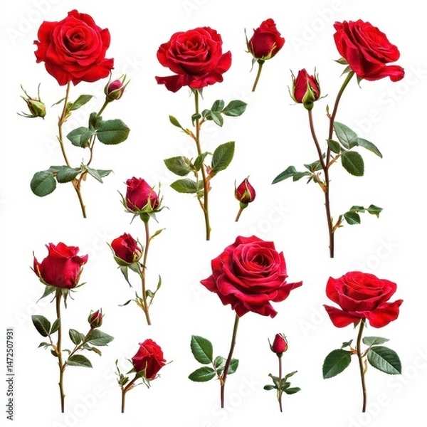Fototapeta Beautiful Collection of Red Roses with Buds and Blooms on White Background for Floral Arrangements and Design Projects
