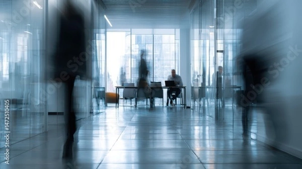 Fototapeta Modern office corridor with blurred figures.