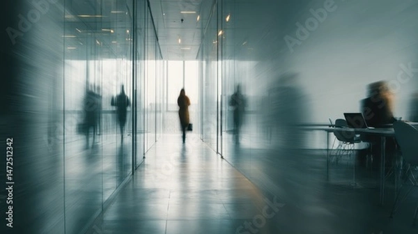 Fototapeta Modern interior passageway with blurred figures.