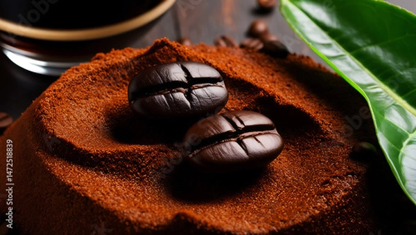 Obraz Fresh Coffee Beans and Grounds with Leaf and Brew – Rich Aromatic Composition in High Resolution