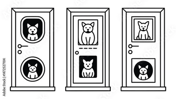 Fototapeta Three stylized doors, each with a small dog peering out from a window