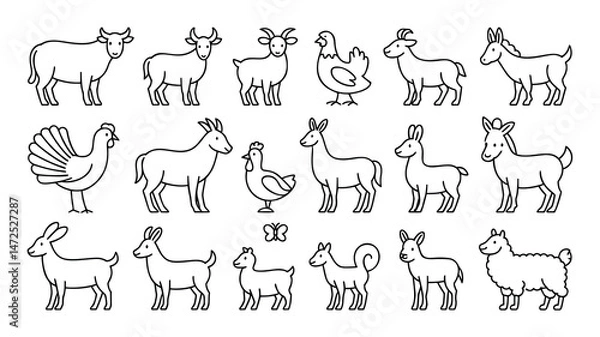 Fototapeta This image features a collection of simple line art illustrations of various farm animals, including cows, goats, sheep, chickens, and other livestock