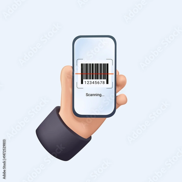 Obraz Smart retail concept. Barcode scanning. Hands using barcode scan for information of product in supermarket with her mobile phone. Scan QR code 3D render icon with phone. Warehouse management system