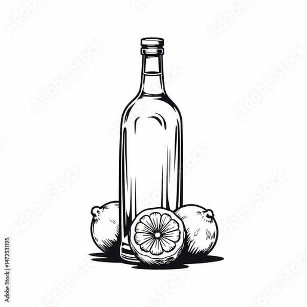Obraz Sketch of vodka bottle with lemon on white background, refreshing concept