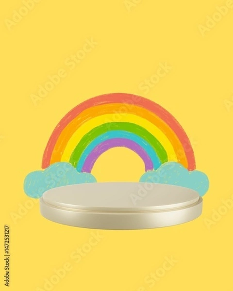 Fototapeta An empty white podium, a rainbow with six bright colors over a yellow background, and two clouds on its side. Fun summer illustrations for advertising children's items, promotional offers, sales, vect