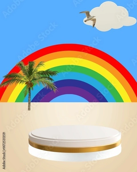 Fototapeta An empty white podium, a rainbow with six bright colors over a yellow background, and two clouds on its side. Fun summer illustrations for advertising children's items, promotional offers, sales, vect