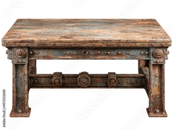 Obraz Vintage industrial coffee table - rustic home decor front view. Isolated on transparent background, png.