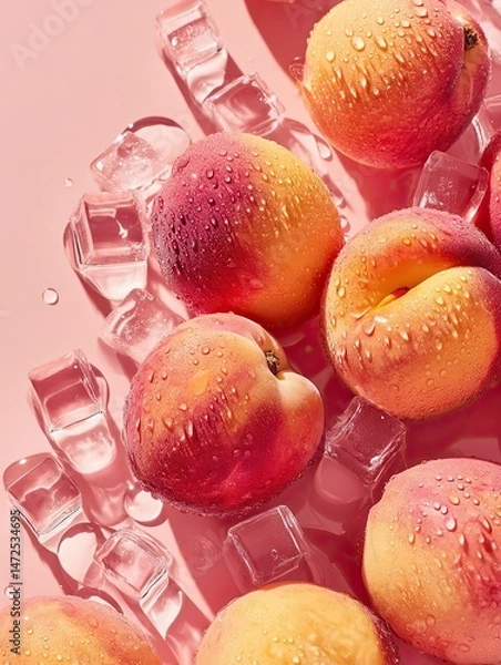 Fototapeta Fresh peaches glistening with water droplets amidst melting ice cubes on a pink surface under bright sunlight.