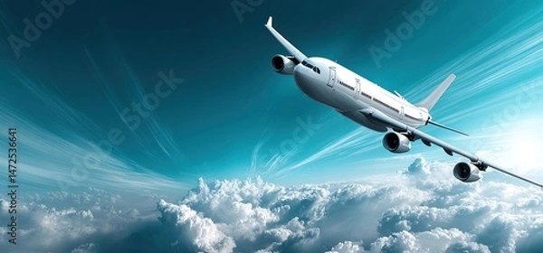 Fototapeta A commercial airliner soars over a thick layer of white clouds against a bright blue sky.