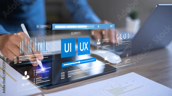 Fototapeta UX Developers and UI Designers who use web design to develop app interface layout designs, current and future creative digital development.