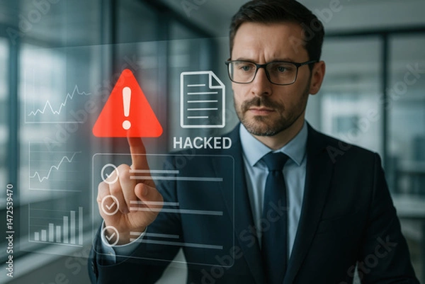 Obraz Warning alert icon with a hacked document system - Digital Business Interface Concept