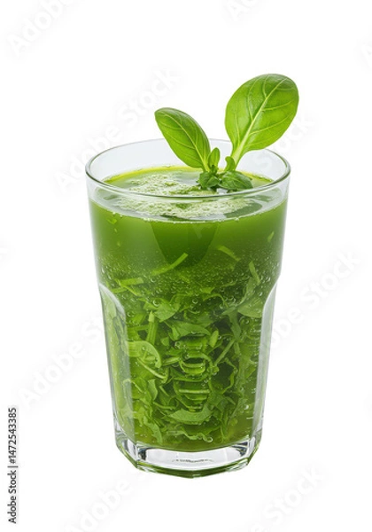 Fototapeta Refreshing green drink in a tall glass with a basil leaf garnish.  It looks healthy