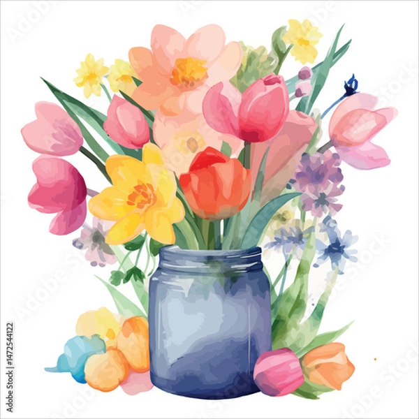 Fototapeta A spring bouquet of pink and yellow tulips blossoms in a vase, a beautiful floral gift