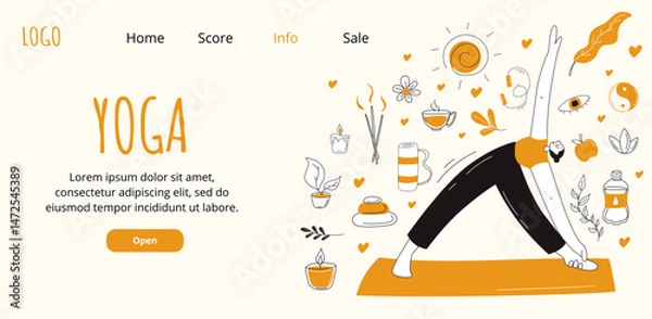 Fototapeta Yoga landing page design with hand drawn illustrations. Wellness, meditation, and healthy lifestyle theme with modern flat style and natural color palette.