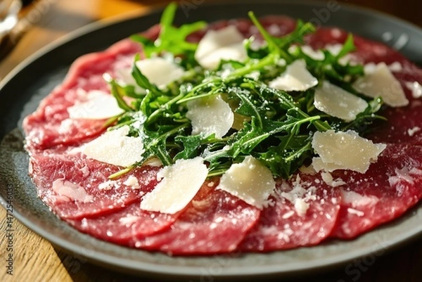 Fototapeta Fresh beef carpaccio topped with arugula and shaved cheese on a rustic wooden table