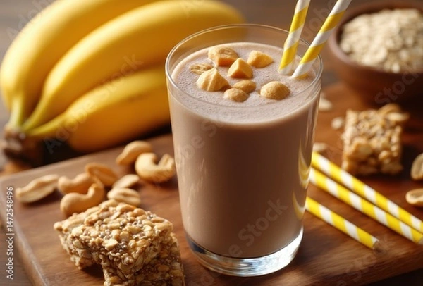 Obraz Creamy banana smoothie with nuts and granola bars on wooden table, healthy drink concept, breakfast idea, natural ingredients, food photography