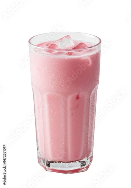 Fototapeta Refreshing pink drink with ice cubes in a clear glass. A sweet and chilled beverage