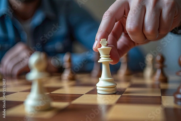 Fototapeta Hand making strategic move on chessboard during game, close-up of chess pieces king and queen in motion with shallow focus and soft lighting, business leader winning strategy concept