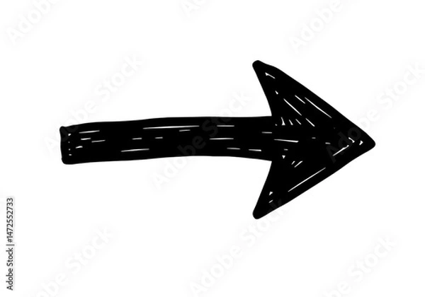 Fototapeta Bold Black Hand-Drawn Pointing Arrow Isolated on PNG Background.