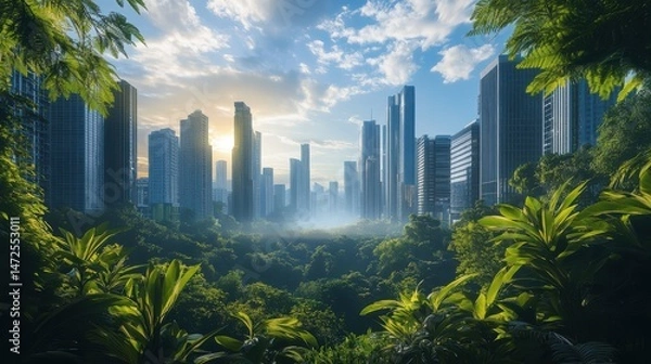 Fototapeta Sunrise Cityscape Framed by Lush Tropical Foliage