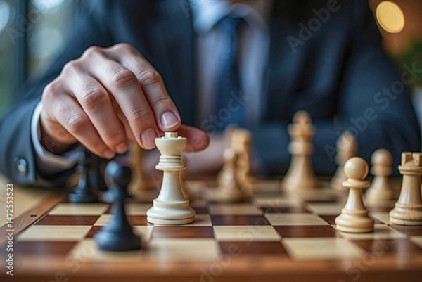 Fototapeta Hand making strategic move on chessboard during game, close-up of chess pieces king and queen in motion with shallow focus and soft lighting, business leader winning strategy concept