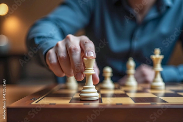 Fototapeta Hand making strategic move on chessboard during game, close-up of chess pieces king and queen in motion with shallow focus and soft lighting, business leader winning strategy concept