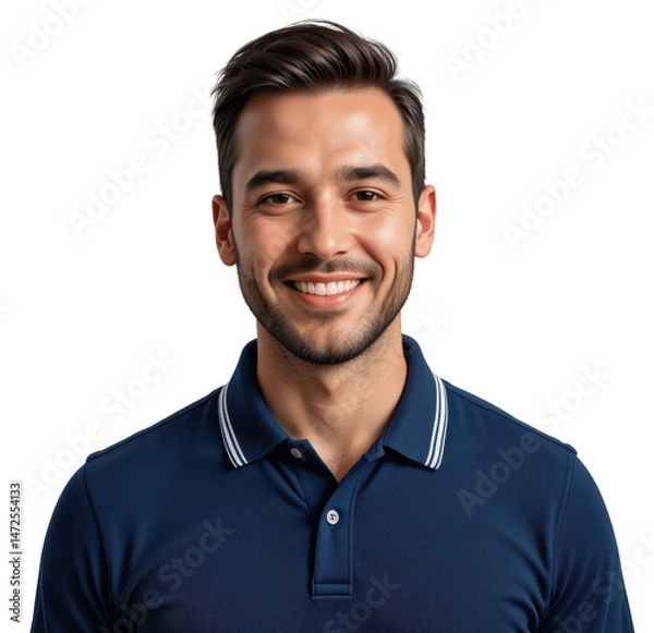 Fototapeta Smiling Man with a Cheerful Expression, Short Dark Hair, in a Dark Blue Polo Shirt, Isolated on Transparent Background
