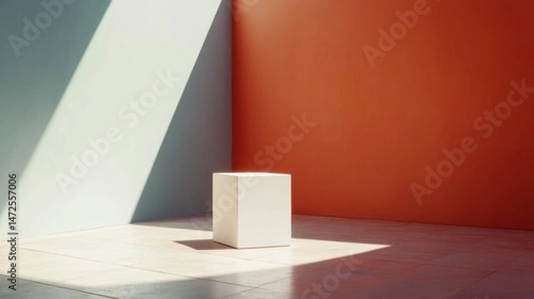 Fototapeta Minimalist Composition of Cube in Sunlit Modern Interior Space