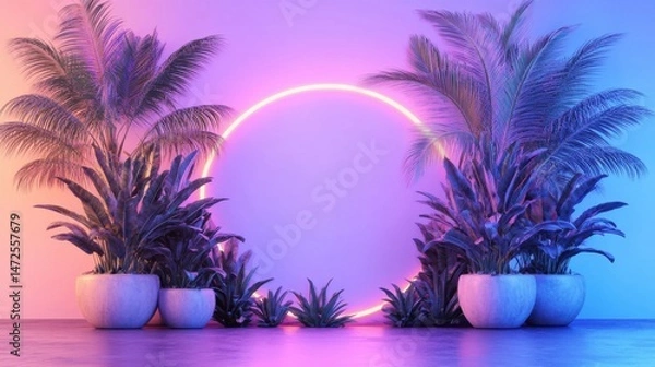 Fototapeta Neon Circular Frame Surrounded by Tropical Plants in Bright Colors
