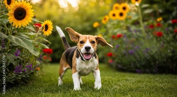 Fototapeta Happy beagle playfully runs through vibrant summer garden bathed in warm golden sunlight. AI Generated