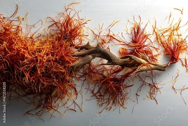 Fototapeta Dried saffron threads and a weathered branch artistically arranged on a white background, showcasing the vibrant colors and delicate texture of this prized spice.