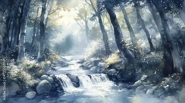 Fototapeta Serene Forest Stream with Gentle Waterfalls and Soft Light