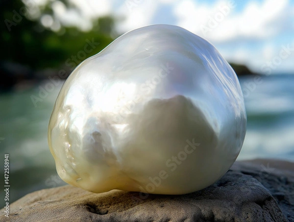 Fototapeta polished baroque pearl placed on a natural stone surface, with a blurred outdoor background featuring greenery and water. The pearl has an irregular, organic shape